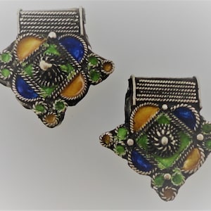 Solide Silber marokkanische Kreuze - Berber Emaille, Boghdad 3-D-Anhänger - Multi-Color - ethnische, Tribal, afrikanischen, arabischen Schmuck - zwei Stücke