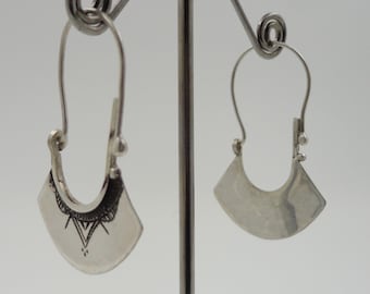 Solid SILVER Tuareg Earrings - Berber Hoops - Ethnic, Tribal, Incised, Flared Lotus Fan Style- Sahara Desert Nomad Fashion- African Jewelry