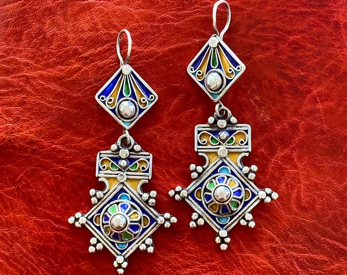 Solid Silver Moroccan Earrings Berber Enamel Bogdad Cross Etsy