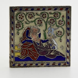 AMAZING Silver Enamel French PENDANT - Vintage Medieval Love Theme, Signed, HEAVY- Finest Quality, Incredible Color, Superb Detail!