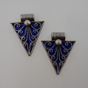 Silber marokkanische berber ANHÄNGER - Emaille Dreieck Perlen - ethnische Stammes afrikanischen Schmuck - massive Silber - 2 Stück Kobaltblau