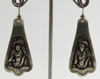 Antique SILVER Chinese EARRINGS - Ethnic, Tribal, Asian, Peking Opera Figures, Qing Dynasty - Formerly a Hair Ornament
