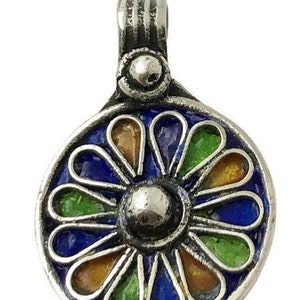 SILVER Moroccan Berber Pendant - Small Ethnic Tribal Enamel Charm - African Jewelry - Stunning Colors