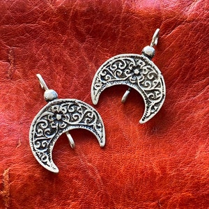 Solid SILVER Moroccan Moon Pendants - 2 - Berber Crescent Moon Bead Dangle - Ethnic,Tribal, African Earrings - Two loops on each piece