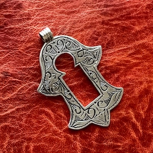 Solid Silver Moroccan Hamsa Berber Pendant Bead Ethnic Tribal Doorway with Holes for Beads- Floral Motif, Hand-Tooled