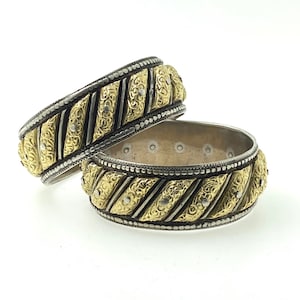 Silver Gold Moroccan Bracelets- Antique Sun & Moon Wide Berber Ethnic Tribal RARE Pair- Fes or Mekness, Morocco