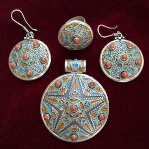 SILVER Enamel Coral Moroccan Berber Cool Summer Colors STAR Parure- Pendant, Earrings & Ring- Jewelry Set