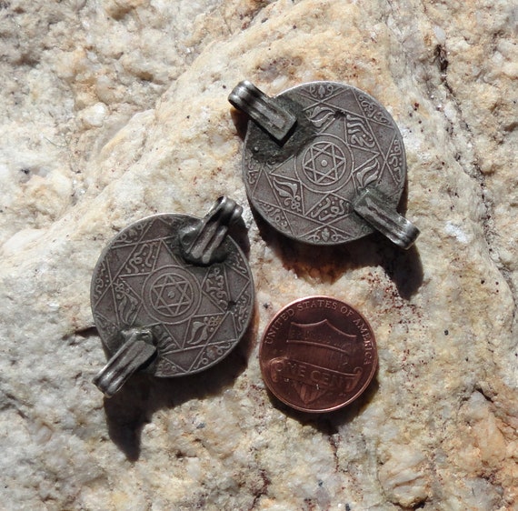 2 Solid Silver Coin PENDANTS BIG Moroccan, Berber, Ethnic, Tribal, African  Charm Jewelry Arabic, Islamic Coins, Over 100 Yrs Old 