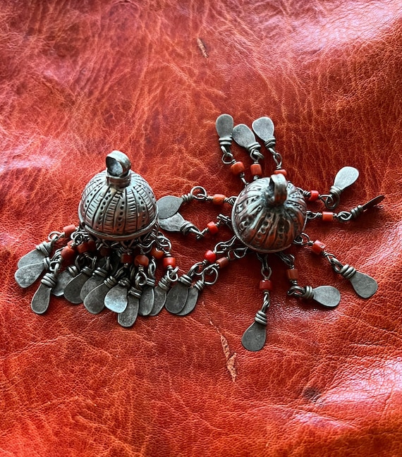 Old Solid SILVER Earrings - Coral Dome Dangles - E