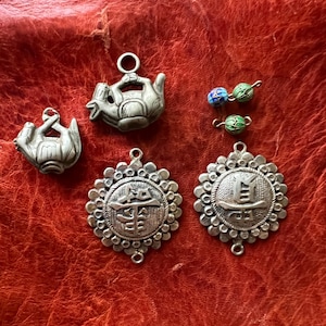 Antique SILVER Chinese Jewelry - Enamel - Ethnic, Tribal, Asian, Qing Dynasty, Earrings, Pendants - Amazing Detail - Donkeys, Symbols, Beads