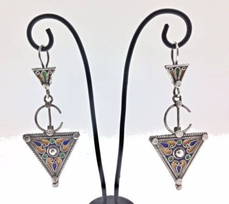 Silver Moroccan Enamel Earrings Colored Berber Fibulas Ethnic Etsy