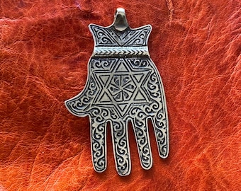 HUGE Solid SILVER Moroccan Hamsa - Berber, Ethnic, Tribal, Jewish, African Jewelry PENDANT - Protection Amulet, Talisman - Star of David