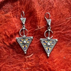 Silver Moroccan Enamel Earrings Colored Berber Fibulas Ethnic Tribal African