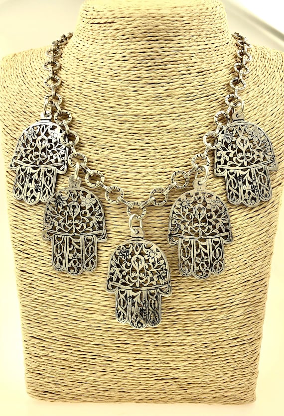 ソリッドシルバー 5 HAMSA ネックレス - モロッコ、チュニジア、邪眼の 