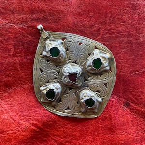 Antique SILVER Moroccan HAMSA Gilded Pendant, Ethnic, Tribal, Arabic, Islamic, Amulet, Talisman, African Jewelry Superb Patina & Wear image 1
