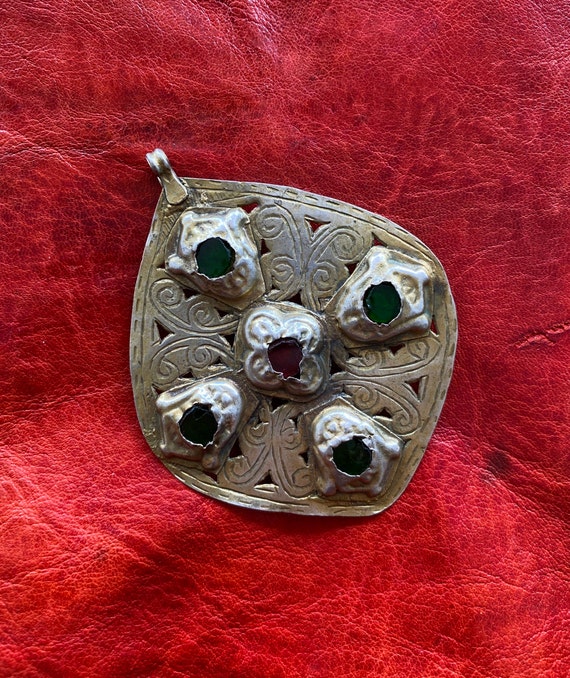 Antique SILVER Moroccan HAMSA - Gilded Pendant, E… - image 1