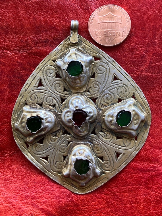 Antique SILVER Moroccan HAMSA - Gilded Pendant, E… - image 3