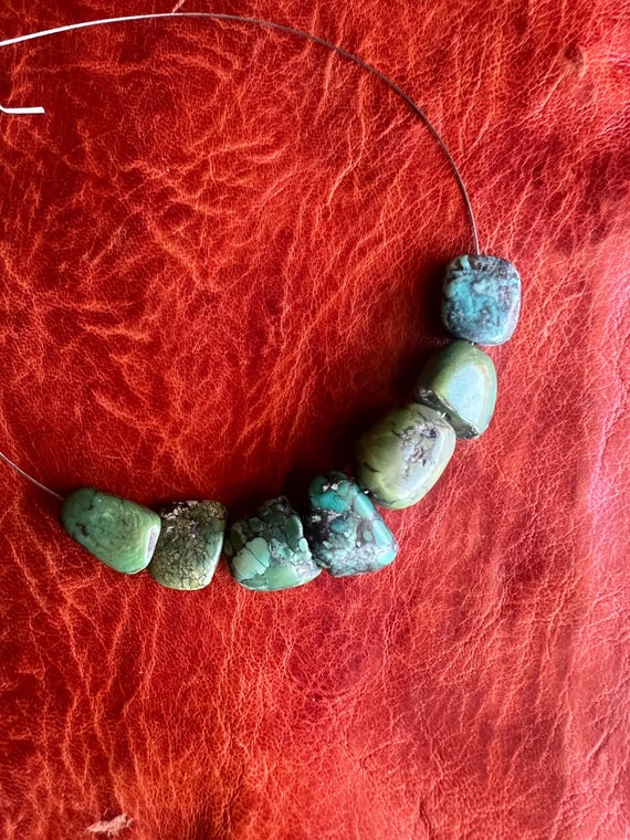 7 Antique Tibetan Turquoise Beads - Ethnic, Tribal, Asian, Great Patina, Varied Color and Shape - Old and Authentic, Himalayan ~ 14 grams