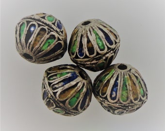 Solid Silver Enamel Moroccan Beads Berber Round Antiqued Ethnic Tribal African - New - 4 - Four Pieces