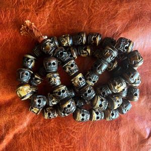 LARGE Vintage Skull Beads - Nepalese Hand Carved Bone, Antique Brown coloring, 55 Bead Prayer Mala - Early 90&#39;s Export Trade Original Strand