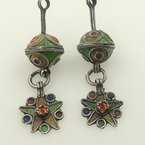 SILVER Enamel Moroccan PENDANTS - Berber Beads, Earrings - Solid Silver, Star Dangles - Ethnic Tribal African Jewelry - 2 Two Pieces