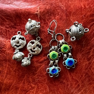 Antique SILVER Chinese Jewelry - Enamel - Ethnic, Tribal, Asian, Qing Dynasty, Earrings, Pendants - Amazing Detail - Cranes, Balls, Peaches