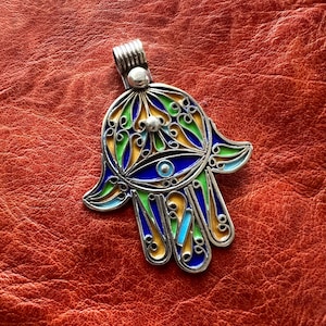 Solid SILVER Moroccan Hamsa - Berber Enamel, Evil Eye Protection Amulet, Talisman, Ethnic, Tribal, Arabic, Islamic African Jewelry PENDANT