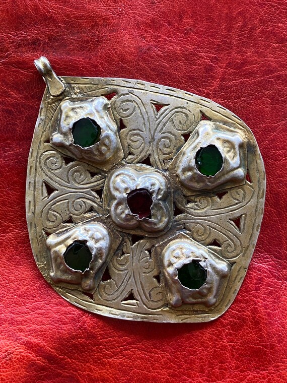 Antique SILVER Moroccan HAMSA - Gilded Pendant, E… - image 2