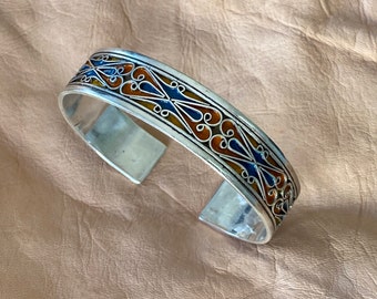 Solid Silver Moroccan BRACELET - Berber Enamel, Ethnic, Tribal, Arabic, African Jewelry - Filigree Wirework - Adjustable Cuff, Unique Colors