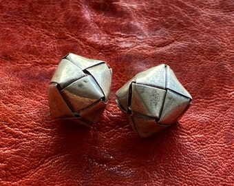 2 Solid Silver Cube BEADS - Origami Thailand Hill Tribe Hand Made Geometric - Asian Style Design - Straight Hole - Gorgeous Patina, Vintage