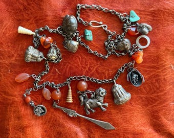 Antique SILVER Chinese Necklace - Charms! Dog, Baskets, Lotuses, Fruits, Dragon Sword, Bells - Carnelian, Turquoise, Bone, Jade?