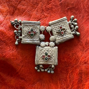 3 Old Solid SILVER Indian PENDANTS- Antique Central Asian, Ethnic, Tribal, Design Amulet, Talisman, Tawiz - Superb Patina & Wear- Bells, 3D