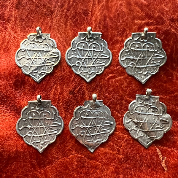 6 Solid SILVER Pendants - Antique Persian, Arabic, Central Asian, Islamic - Calligraphy Leaves - Ethnic, Tribal Jewelry- Light Weight Pieces