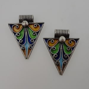 Silber marokkanischeber Berber ANHÄNGER - Emaille Dreieck Perlen - ethnische Stammes afrikanischen Schmuck - massive Silber - 2 Stück Gold, grün, Himmel & Kobalt