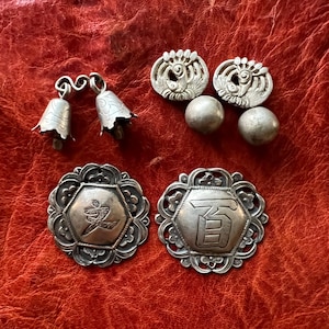 Antique SILVER Chinese Jewelry - Ethnic, Tribal, Asian, Qing Dynasty, Earrings, Pendants - Amazing Detail - Symbols, Cranes, Bell Dangles