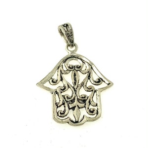 Solid Silver Moroccan Hamsa - Evil Eye Protection Amulet, Berber Talisman, Ethnic, Arabic, Tribal Pendant, African Jewelry - Floral Pattern