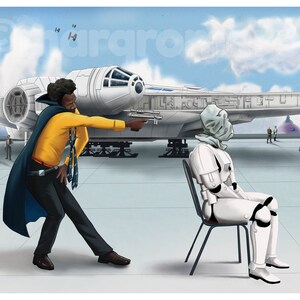 May include: A man in a yellow shirt and blue cape points a gun at a white, hooded figure sitting on a chair. The figure is wearing a white spacesuit. A white spaceship is in the background.