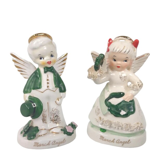 Vintage 1950s NAPCO March Angel Month Figurines Boy & Girl Irish Clover, Made in Japan