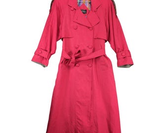 Vintage 90s Portrait Women's 6 Double Breasted Coral Pink Rain Trench Coat Retro