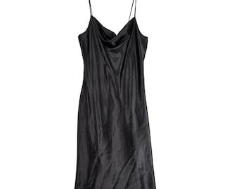 Vtg Y2K Bebe Black Satin Slip Maxi Dress Sz L Spaghetti Straps Babydoll Evening