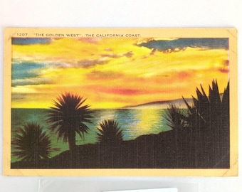 Vintage 1943 Linen Postcard The Golden West California Coast Sunset Palms Beach