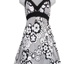 Vintage 90s-Y2K Wet Seal Halter Top Babydoll Mini Dress Size S, Black & White Floral Swirl, Made in USA