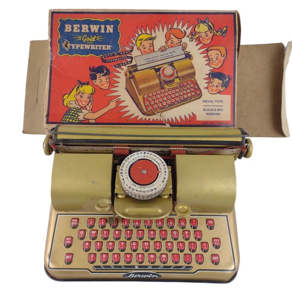 Vintage BERWIN Gold Typewriter with Original Box Tin Litho Toys USA Dial 1950s