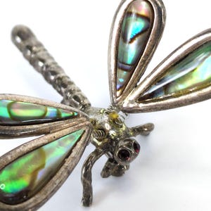 May include: A silver-toned dragonfly brooch with iridescent abalone shell wings. The dragonfly has red gemstone eyes and detailed metalwork on its body and legs. The wings display shades of green, blue, and purple.