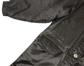 Vintage Y2K GALLERY Black Satin Faux Fur Hood Full Zip