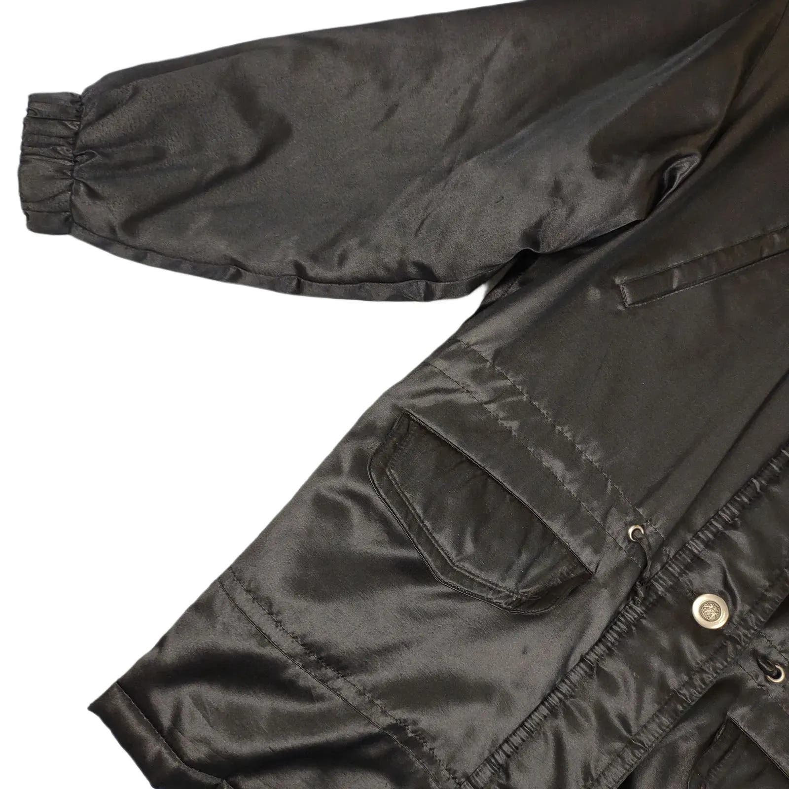 Vintage Y2K GALLERY Black Satin Faux Fur Hood Full Zip