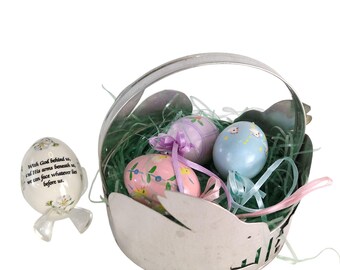 Vintage Easter Set Tin Bunny Basket w Hand Painted Eggs + The Egg Lady Porcelain