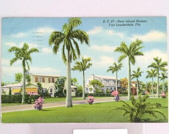 Vintage 1946 Linen Postcard New Island Homes Fort Lauderdale Florida Tropical