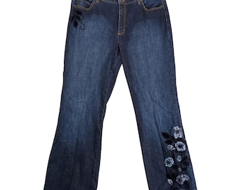Vintage Talbots Woman Wide Leg Jeans 14W Embroidered Floral Stretch 34x30.5" 90s