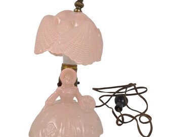 Vintage LE Smith Pink Glass Southern Belle Lady Boudoir Dresser Lamp & Shade